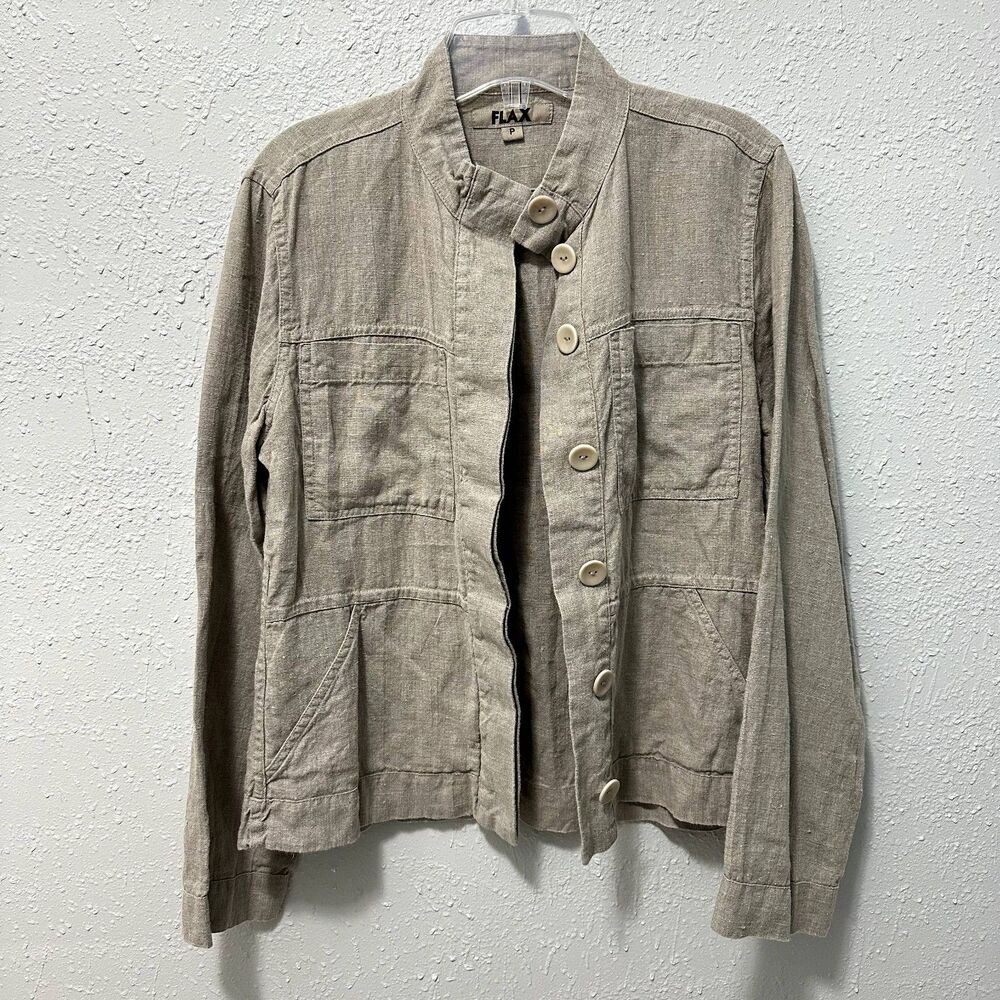 Flax Neutral Tan Button Linen Jacket Size P 4/6 Lagenlook Relaxed Country